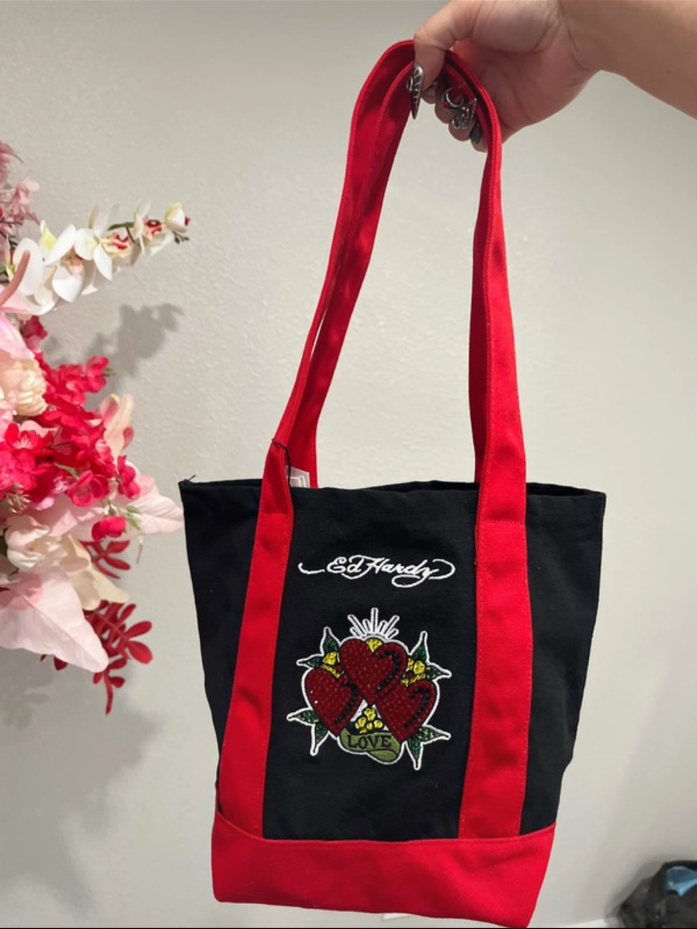 Ed Hardy Black Canvas Tote with Red Accents and Embroidered Heart Patch